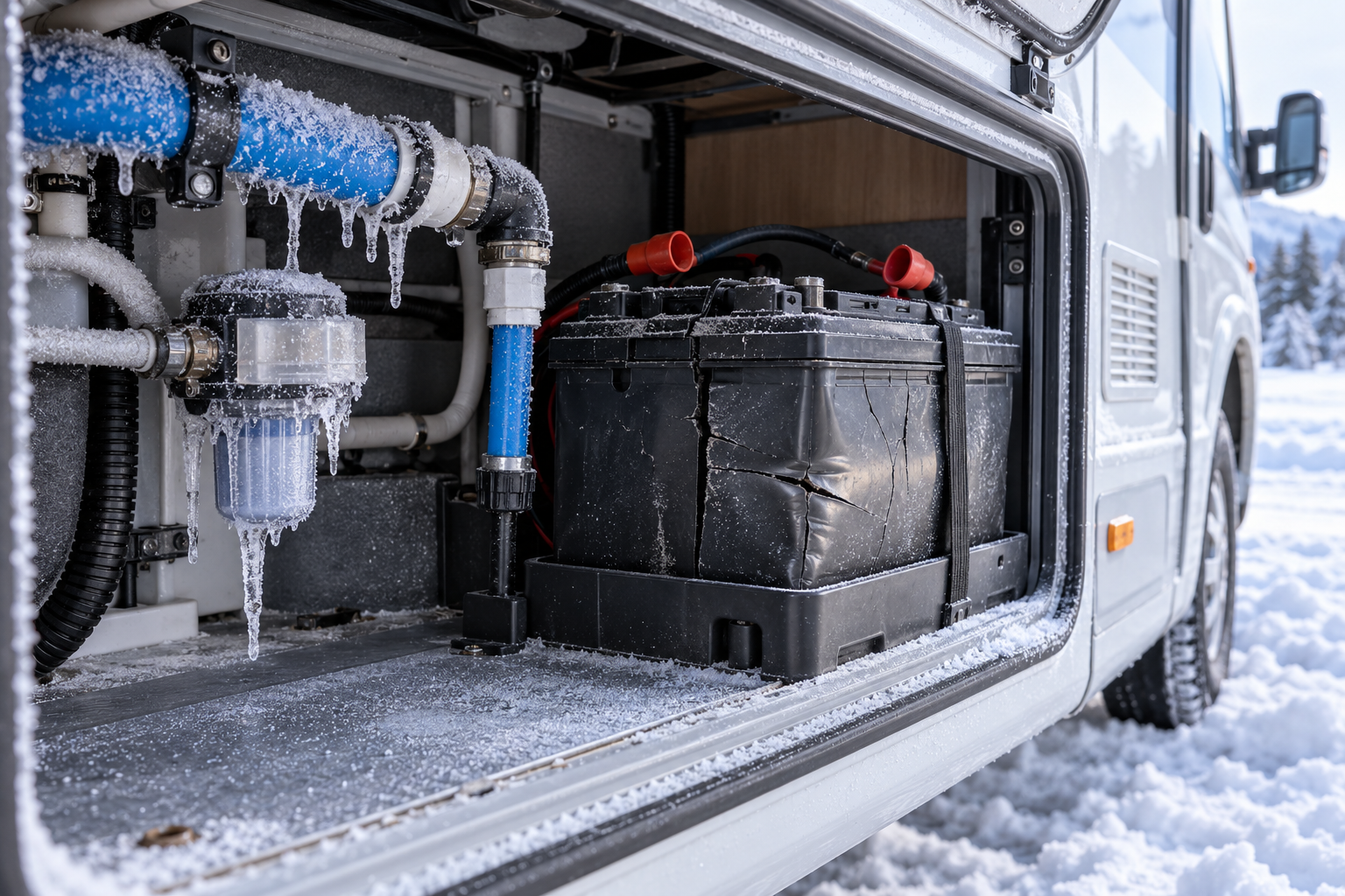 Frost an Wassertank und Batterie
